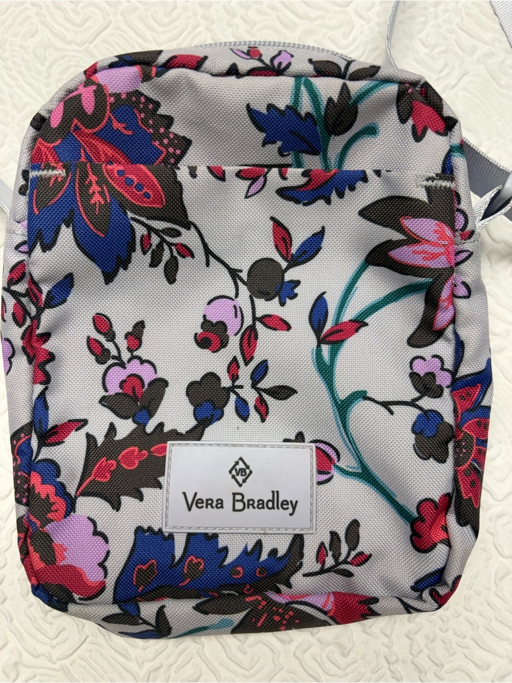 Vera Bradley Gray Floral Crossbody Pouch with Pink Blue Accents